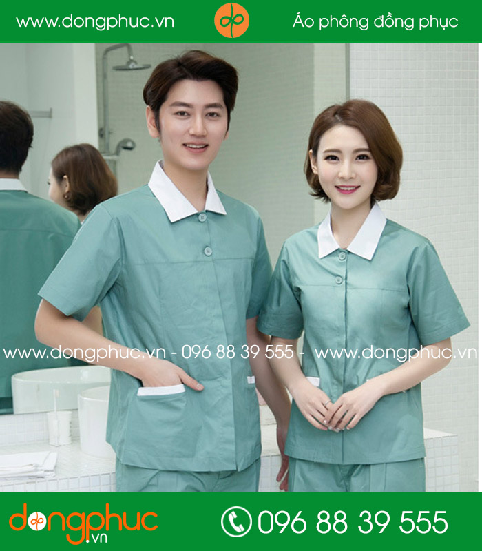 Đồng phục vệ sinh màu xanh đậm cổ trắng